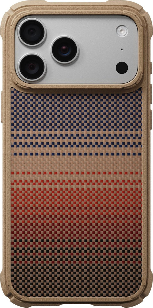 PITAKA Cairn Case iPhone 17 Pro Max/18 Pro Max Sunset featuring a woven, multi-colored grid pattern transitioning from blue at the top to red and black at the bottom.