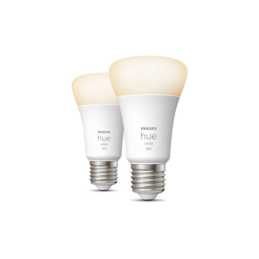 Zwei Philips Hue White E27 60W smarte LED Lampen von Philips leuchten warmweiß im Doppelpack-ideal für einfache Smart Home Beleuchtung und bequeme Bluetooth-Lichtsteuerung.