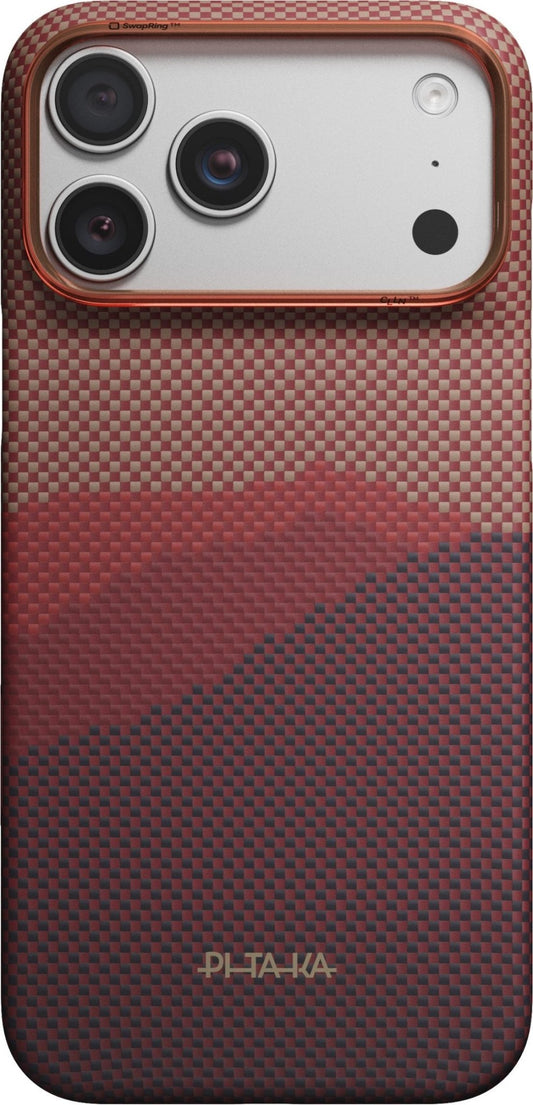 PITAKA Edge Case iPhone 17 Pro Max/18 Pro Max Autumn Dusk featuring a pixelated mountain landscape in red, gray, and tan, accented by a copper-colored metallic camera ring.