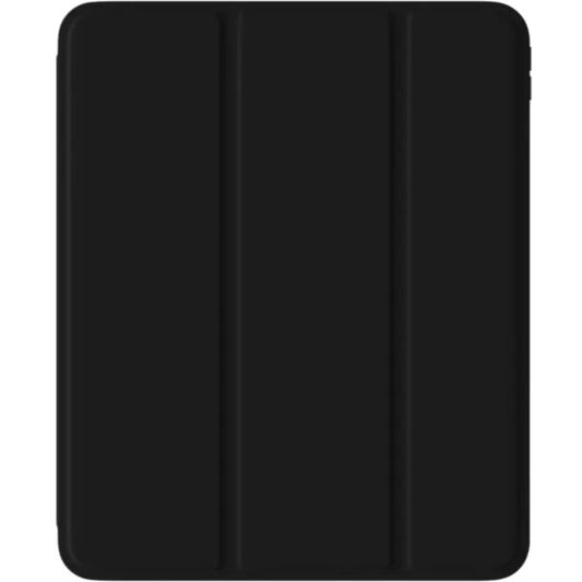 Ein schwarzes DEVIA Rosy Case für iPad 10. Generation und A16 mit glatter Oberfläche und drei vertikalen Rillen, hier geschlossen und von vorne gesehen.