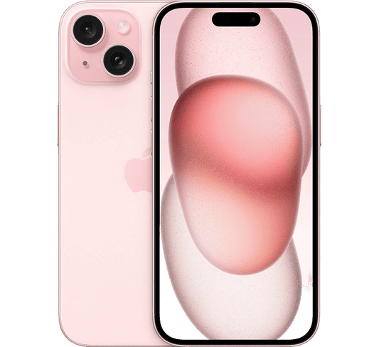 A light pink Apple iPhone 15 128GB, Grade B - REFURBISHED, showing the back with a dual-camera system and the front screen with a circular cutout.
