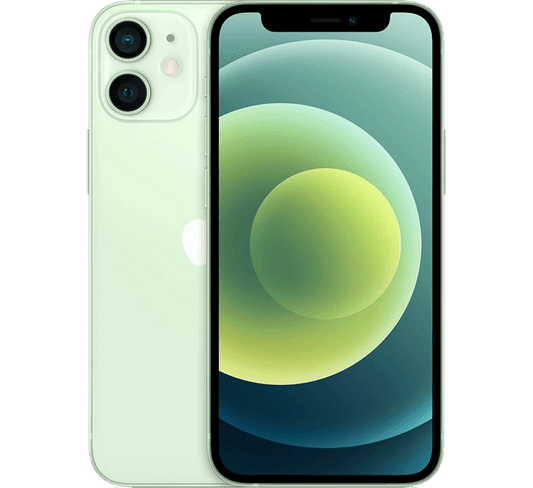 A light green Apple iPhone 12 Mini 128GB, Grade B - REFURBISHED showing the front screen and dual rear camera lenses.