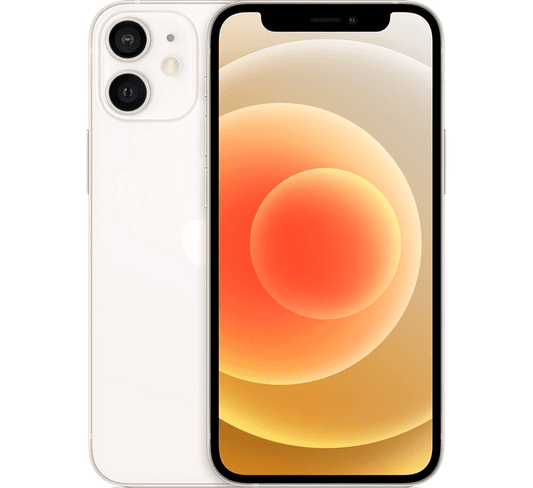 A white refurbished Apple iPhone 12 Mini 256GB, Grade B shown from both front and back, featuring a dual-lens camera system and a screen displaying an orange circular graphic.