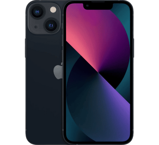 Front and back view of a dark Apple iPhone 13 Mini 256GB, Grade B - REFURBISHED with a dual-lens camera system.