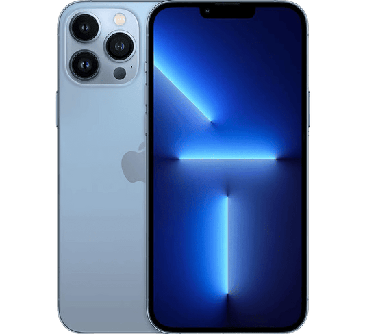 Light blue Apple iPhone 13 Pro 256GB, Grade B - REFURBISHED shown from the front and back, featuring a triple-lens camera system and a blue screen display.
