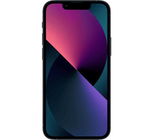 Front view of an Apple iPhone 13 Mini 256GB, Grade B - REFURBISHED with a dark screen displaying a purple and teal abstract circular pattern.