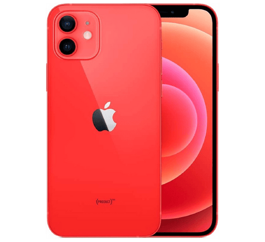 A red Apple iPhone 12 256GB, Grade B - REFURBISHED shown from the front and back, featuring a dual-lens camera system and a screen displaying a circular red graphic.