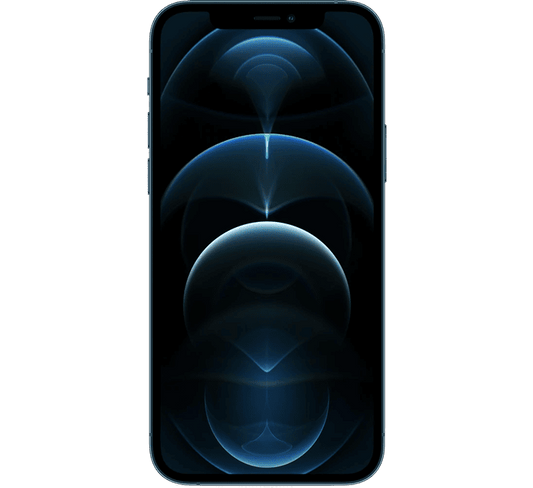 Front view of a dark blue Apple iPhone 12 Pro 128GB, Grade B - REFURBISHED with a black screen displaying abstract blue circular patterns.