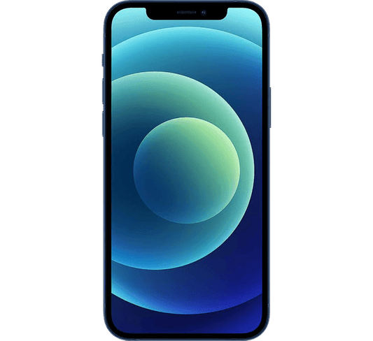 Front view of an Apple iPhone 12 256GB, Grade B - REFURBISHED in dark blue, featuring a rounded-corner touchscreen that displays a blue and green circular abstract wallpaper.