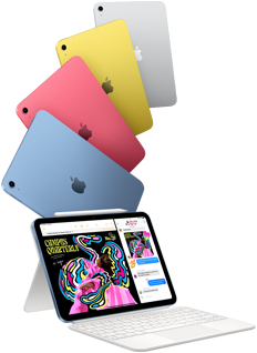 iPads in Blau, Pink, Gelb und Silber und ein iPad verbunden mit dem Magic Keyboard Folio mit Apple Pencil