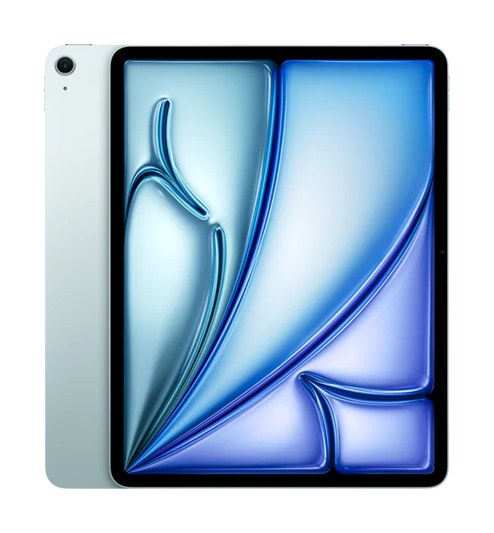 Ein silbernes Apple-Tablet mit einer Kamera in der oberen linken Ecke, von hinten und von vorne gezeigt. Der Bildschirm zeigt ein abstraktes blaues und silbernes digitales Design mit gebogenen und gefalteten Formen.