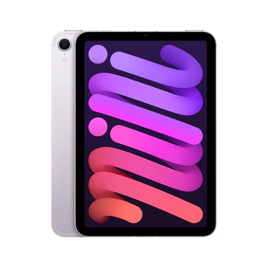 Ein schlankes silbernes Apple-Tablet mit abgerundeten Kanten und einem leuchtenden Bildschirm mit abstrakten, geschwungenen Linien in Lila, Pink und Orange. Das Gerät ist sowohl von der Vorder- als auch von der Rückseite abgebildet.