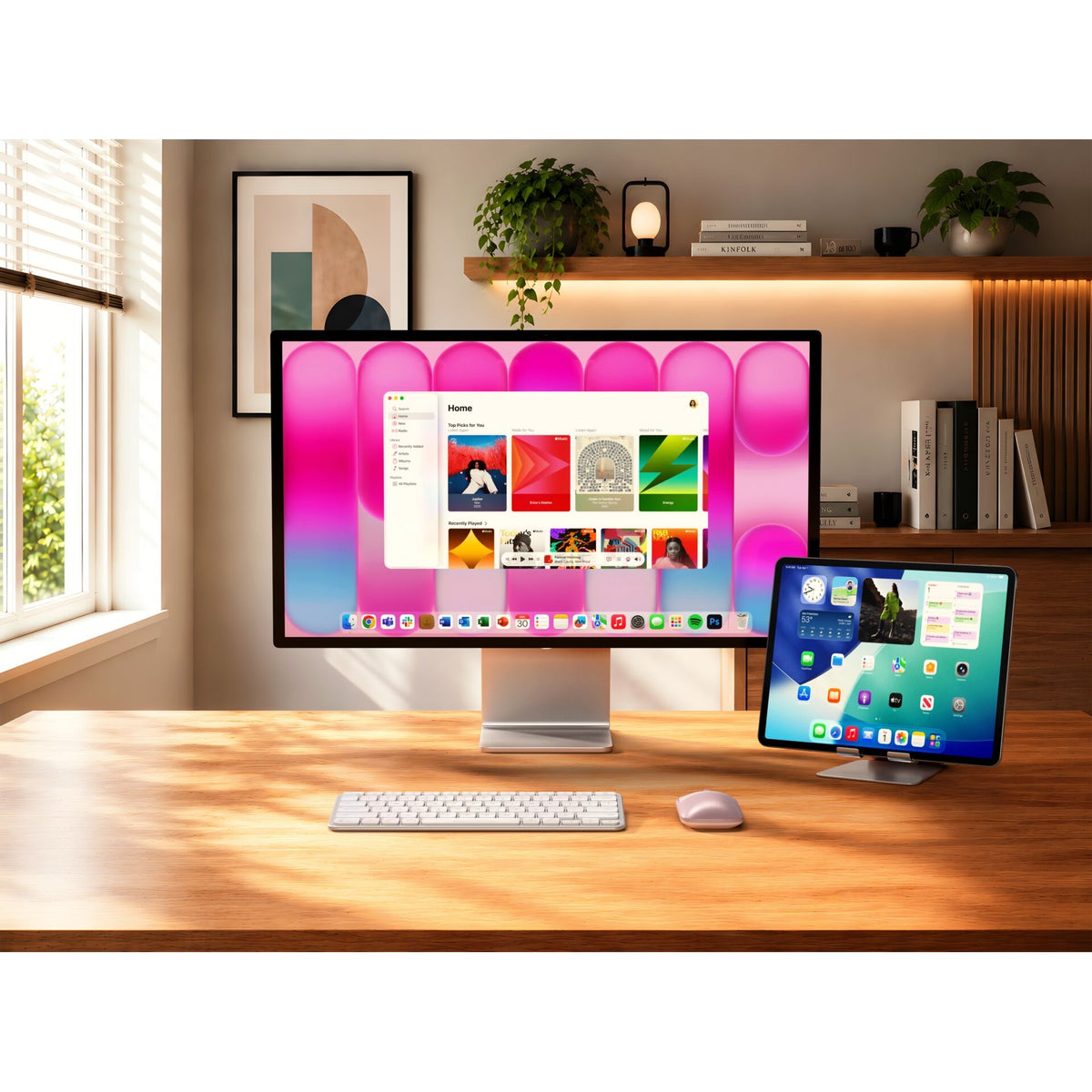 Auf einem Holzschreibtisch stehen ein Computermonitor und ein Tablet, die beide lebendige Bilder anzeigen. Neben der Tastatur und einer Topfpflanze liegt die „Satechi Slim EX Wireless Mouse (Blush)“ von Satechi, während gerahmte Bilder und ein Fenster den Hintergrund vervollständigen.
