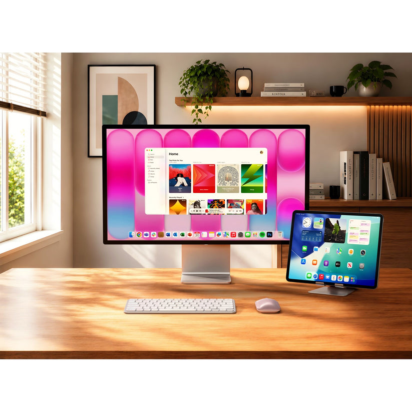 Auf einem Holzschreibtisch stehen ein Computermonitor und ein Tablet, die beide lebendige Bilder anzeigen. Neben der Tastatur und einer Topfpflanze liegt die „Satechi Slim EX Wireless Mouse (Blush)“ von Satechi, während gerahmte Bilder und ein Fenster den Hintergrund vervollständigen.