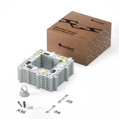 Das Nanoleaf Canvas Screw Mount Kit 9 PK von Nanoleaf ist abgebildet: Ein brauner Karton sowie gestapelte weiße Halterungen, Schrauben, Dübel und weiteres Montagezubehör sind ordentlich davor angeordnet.