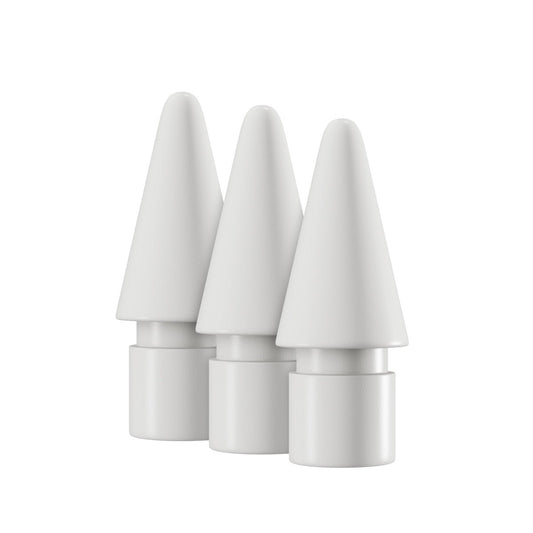 Three identical white plastic caps with a conical, pointed top and cylindrical base, arranged in a row against a white background—perfect as Epico Ersatzspitzen für Apple Pencil for your iPad by Epico.