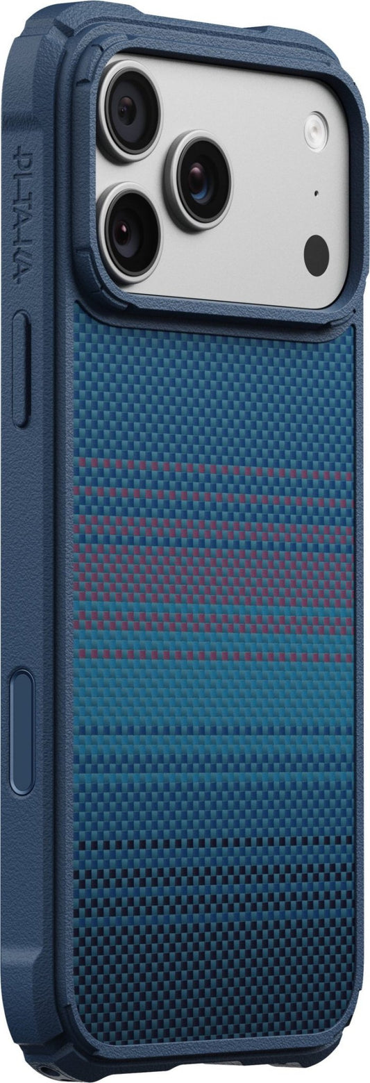 Midnight PITAKA Cairn Case for iPhone 17 Pro Max/18 Pro Max with a dark blue, textured, multi-colored woven pattern on the back and a cutout for the camera array.
