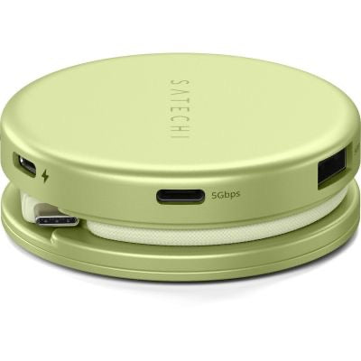 Der Satechi OntheGo 5-in-1-Multiport-Adapter (Citrus) ist ein runder, hellgrüner Adapter mit mehreren Anschlüssen und einem umwickelten weißen Kabel, der bequeme Anschlussmöglichkeiten und kompakte Aufbewahrung bietet.