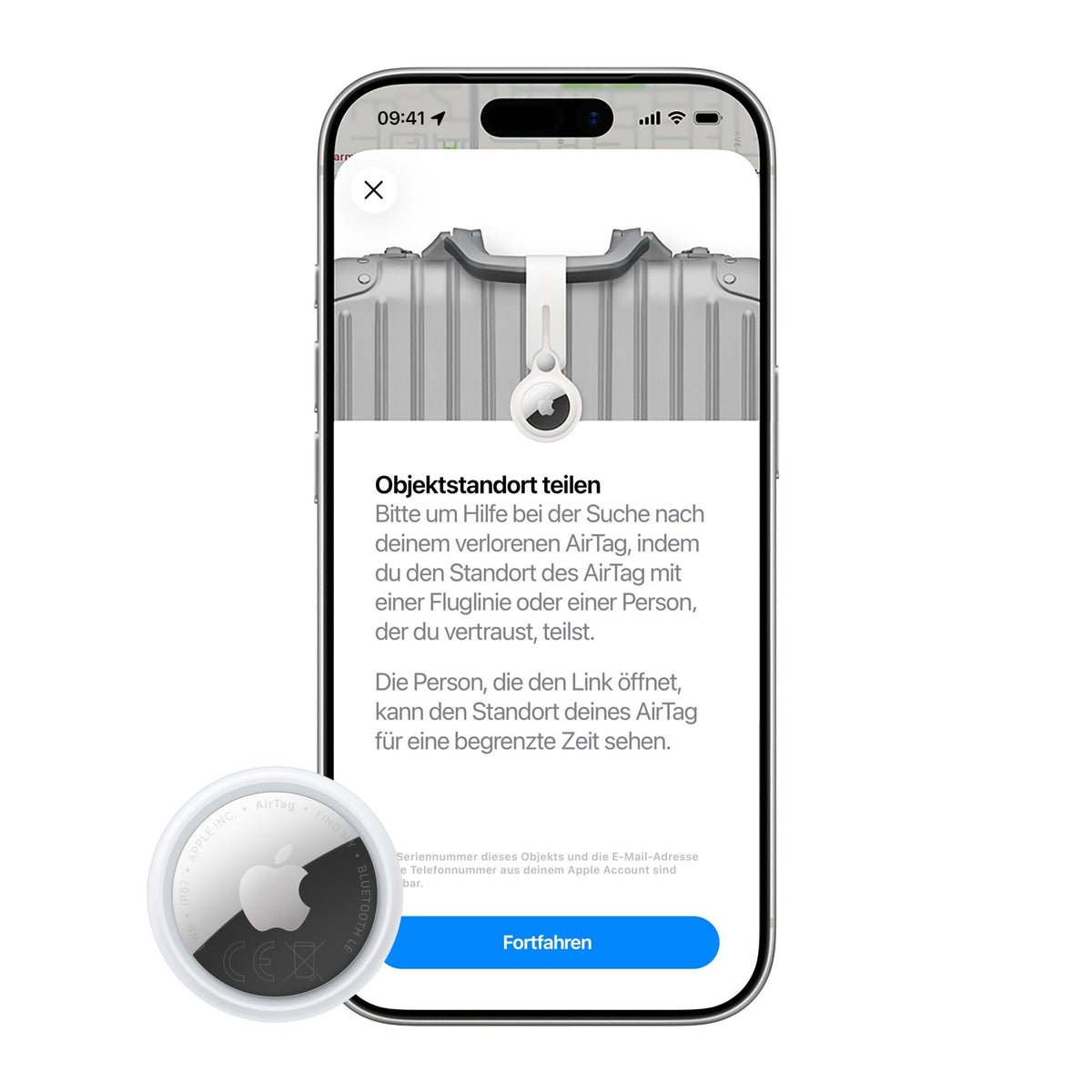 A smartphone displaying the Wo ist? app with instructions to share a lost item’s location, alongside an Apple AirTag, 1er-Pack (2026) in the foreground.