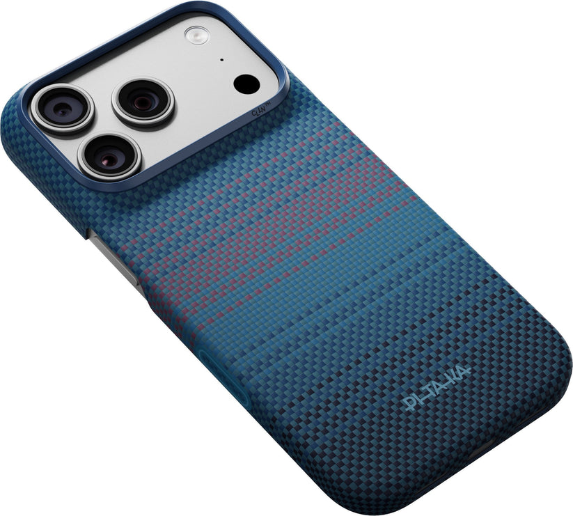An iPhone 17 Pro Max in a blue textured PITAKA Aramid Edge Case, Moonrise 2.0, featuring red and purple stripes, with the back triple-lens camera visible and the word “PLATINUM” embossed near the bottom.