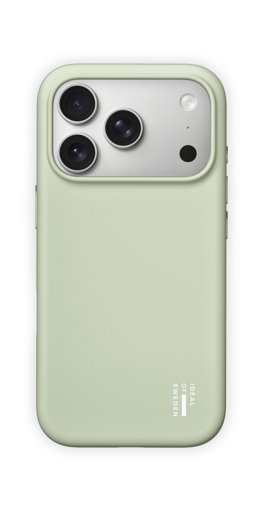 Eine salbeigrüne Silikonhülle von Ideal of Sweden mit MagSafe, die für das iPhone 17 Pro Max/18 Pro Max entwickelt wurde, ist auf einem Smartphone mit drei Kameralinsen und einer Blitzeöffnung abgebildet. Die Hülle trägt in der unteren rechten Ecke den weißen Aufdruck „IDEAL OF SWEDEN“ und ist MagSafe-kompatibel, was ein müheloses Aufladen ermöglicht.