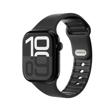 The Vonmählen Classic Band 2 44/45/49 mm in Schwarz is seen on a black smartwatch with a rectangular face showing a digital time of 10:09, featuring a side button and displayed at an angle against a white background.