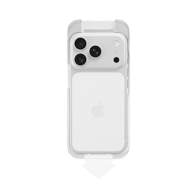 A white iPhone is shown from the back in a clear case, revealing three camera lenses and the Apple logo on a white background. For enhanced protection and privacy, the device features the Epico Anti Reflective Privacy-Panzerglas für 18 Pro – mit Installationskit by Epico, making it an ideal choice for iPhone 18 Pro users who value both security and style.