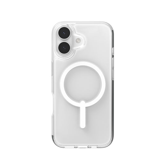 Auf der Rückseite eines Smartphones mit Dual-Kamera ist die ZAGG Crystal Palace Lite Snap iPhone 17 Hülle zu sehen. Die transparente Hülle der Marke ZAGG verfügt über ein weißes, kreisförmiges MagSafe-Design, ist vollständig MagSafe-kompatibel und schützt das Gerät optimal, ohne das elegante Design des iPhone 17 zu verdecken.