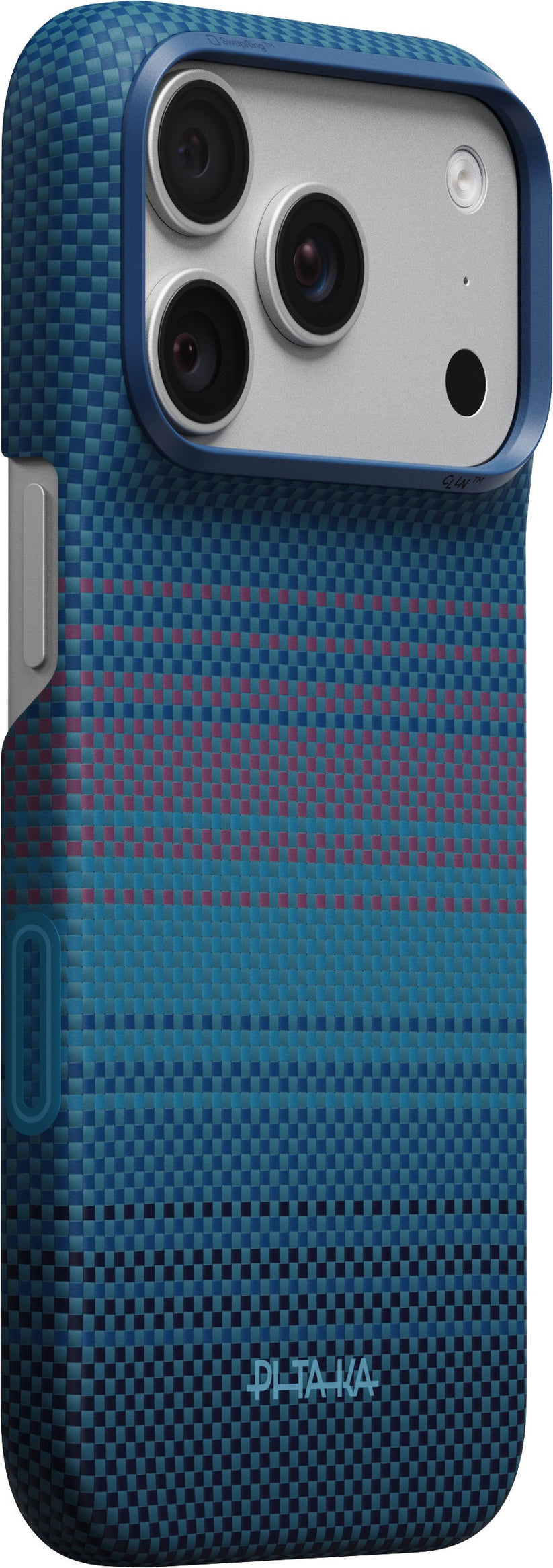 Introducing the PITAKA Aramid Edge Case für iPhone 17 Pro/18 Pro, Moonrise 2.0—a sleek blue and purple woven-pattern case crafted by PITAKA. This ultradünne Schutzhülle is designed with precise cutouts for the dual camera, flash, and buttons, ensuring seamless functionality. With the text PELEKA near the bottom edge, it delivers a stylish look while providing slim yet reliable protection—an excellent choice for anyone seeking a high-quality alternative to standard iPhone 17 Pro Max Hüllen.