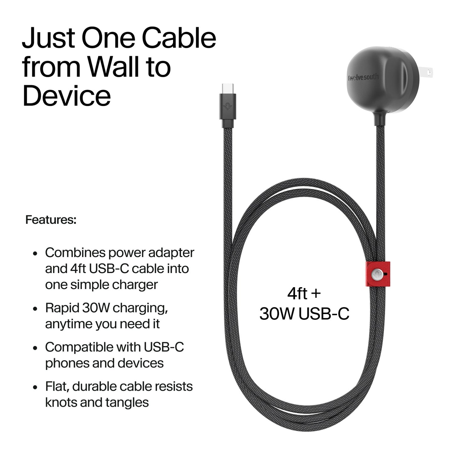 Twelve South PowerCord 30W USB-C 1,2m - Schwarz/Schiefer