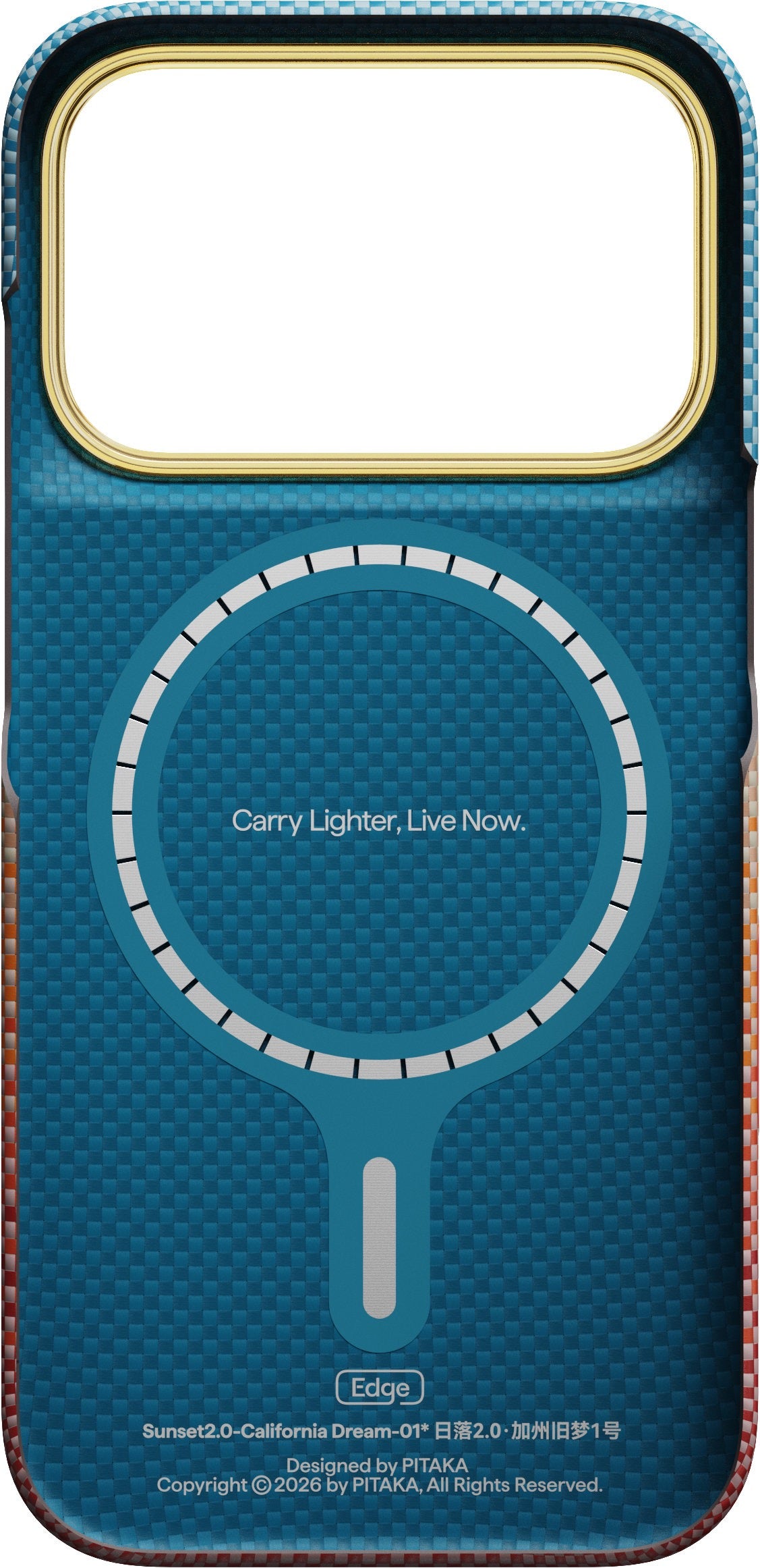 Introducing the PITAKA Aramid Edge Case für iPhone 17 Pro/18 Pro, Sunset 2.0—a blue carbon fiber case featuring a circular MagSafe alignment graphic, the phrases “Carry Lighter, Live Now,” and a gold-edged camera cutout at the top. Designed with an ultradünnes Design for lightweight yet durable protection, this PITAKA case showcases branding and product details printed at the bottom.