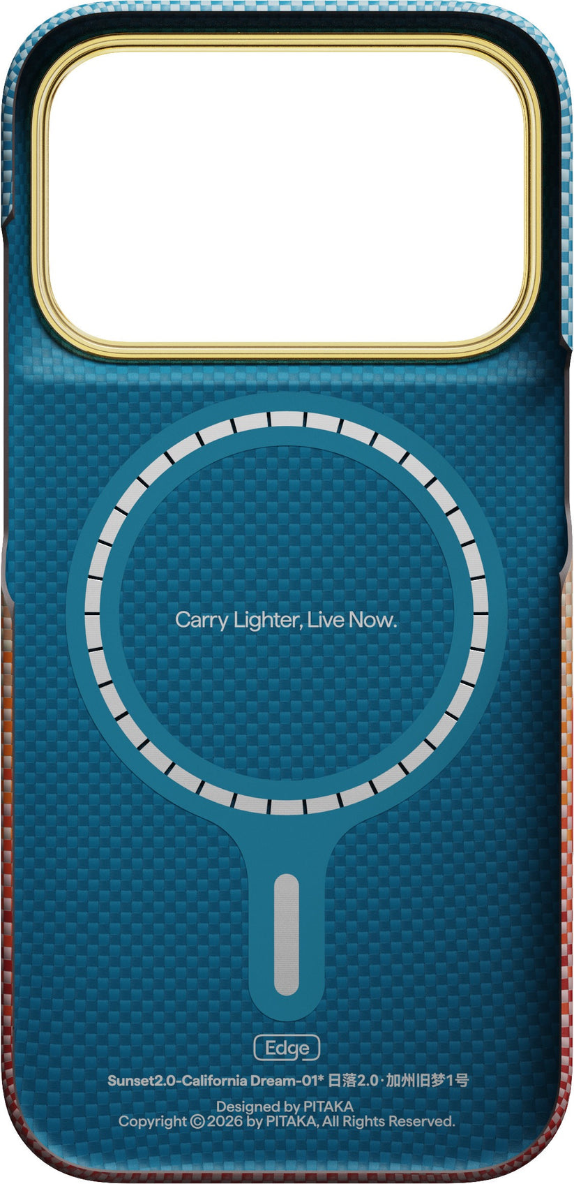 Introducing the PITAKA Aramid Edge Case für iPhone 17 Pro/18 Pro, Sunset 2.0—a blue carbon fiber case featuring a circular MagSafe alignment graphic, the phrases “Carry Lighter, Live Now,” and a gold-edged camera cutout at the top. Designed with an ultradünnes Design for lightweight yet durable protection, this PITAKA case showcases branding and product details printed at the bottom.