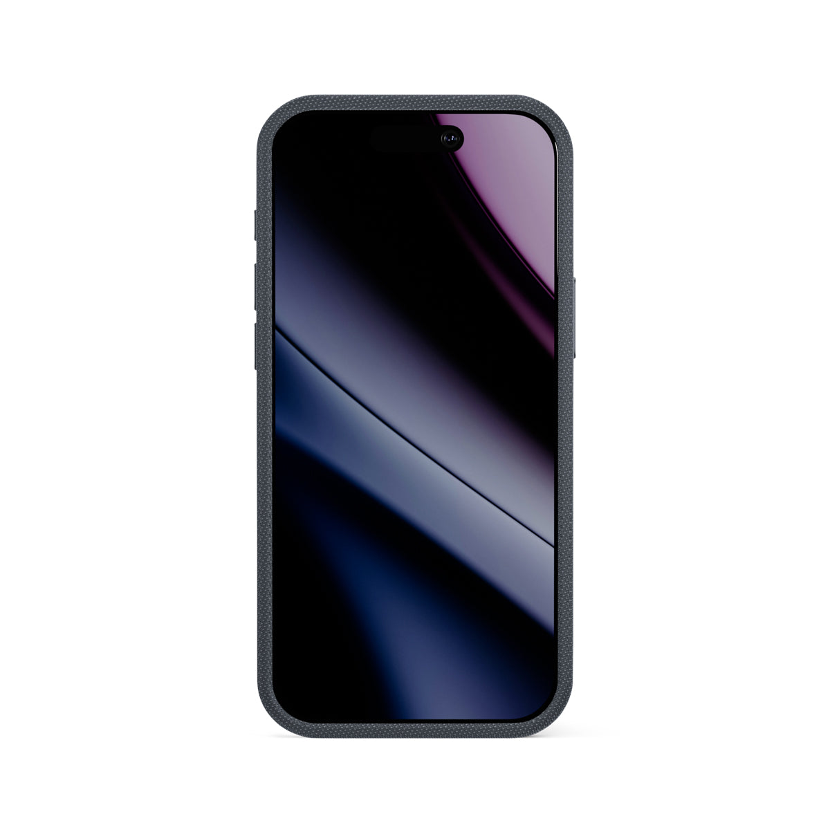 Ein Smartphone ist von vorne zu sehen, der Bildschirm ist eingeschaltet und zeigt ein dunkles, abstraktes Hintergrundbild. Das Smartphone wird durch die „Epico SolidWoven Pro Case für iPhone 17 Pro/18 Pro“ in Schwarz von Epico geschützt, die sich durch einen strukturierten Rand auszeichnet.