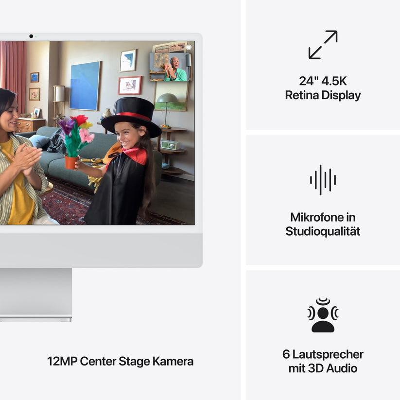 Bir Apple iMac 24 Zoll M4'te, kostümlü iki çocuk bir video görüşmesinde görünür. Metinde öne çıkanlar: 24 inç 4,5K Retina Ekran, stüdyo kalitesinde mikrofonlar, 12 MP Center Stage kamera ve 3D ses özellikli altı hoparlör.