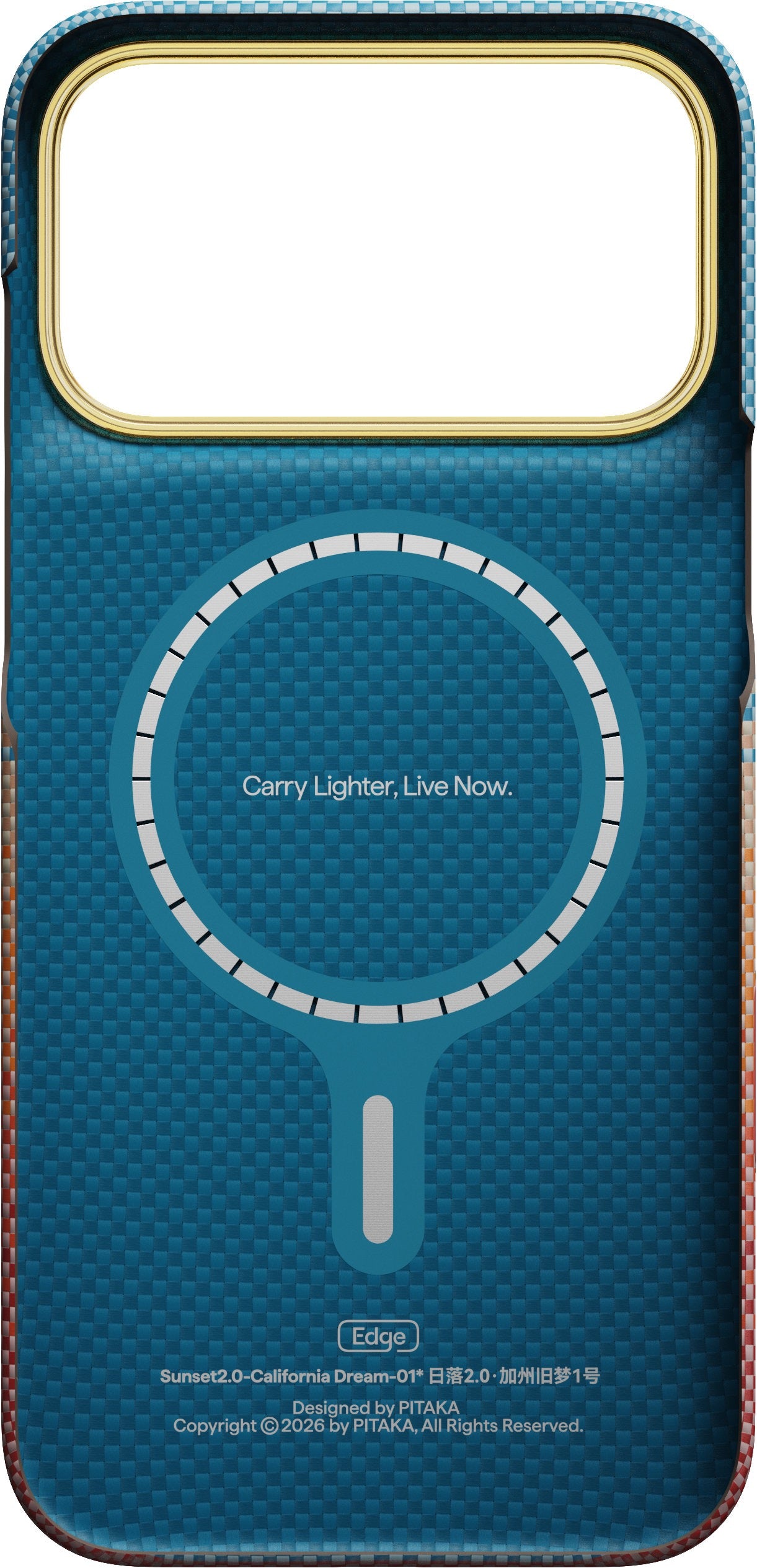 IPhone 17 Pro Max/18 Pro Max için PITAKA Aramid Edge Kılıf, Sunset 2.0, üst kısmında kamera açıklığı, beyaz dairesel bir MagSafe hizalama işareti ve arka yüzünde “Carry Lighter, Live Now” ibaresi bulunan mavi karbon fiber bir telefon kılıfıdır. Ayrıca, kendine özgü tasarım detayları ve PITAKA markası da kılıfta yer almaktadır. Bu ultra ince koruyucu kılıf, iPhone 17 Pro Max için özel olarak tasarlanmış olup PITAKA’nın kendine özgü kalitesini yansıtmaktadır.