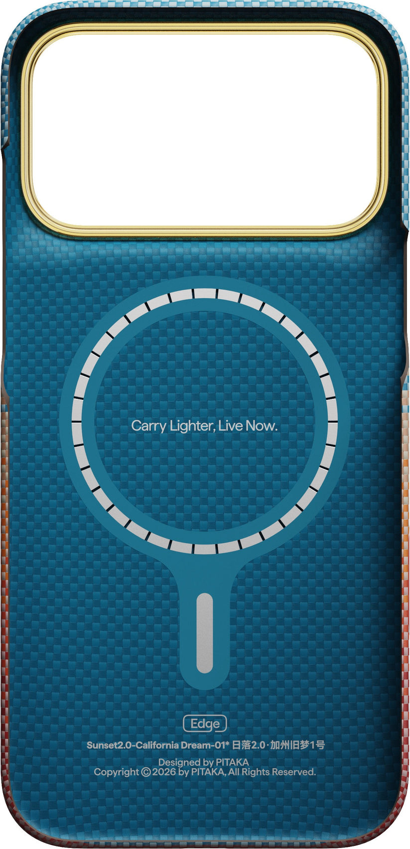IPhone 17 Pro Max/18 Pro Max için PITAKA Aramid Edge Kılıf, Sunset 2.0, üst kısmında kamera açıklığı, beyaz dairesel bir MagSafe hizalama işareti ve arka yüzünde “Carry Lighter, Live Now” ibaresi bulunan mavi karbon fiber bir telefon kılıfıdır. Ayrıca, kendine özgü tasarım detayları ve PITAKA markası da kılıfta yer almaktadır. Bu ultra ince koruyucu kılıf, iPhone 17 Pro Max için özel olarak tasarlanmış olup PITAKA’nın kendine özgü kalitesini yansıtmaktadır.