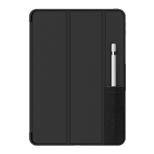 Das Otterbox Symmetry Folio für iPad 10.2 Zoll (7./8./9. Gen) in Schwarz schützt optimal, hat eine strukturierte Oberfläche und hält dank elastischer Schlaufe einen weißen Stylus an der rechten Seite sicher fest.