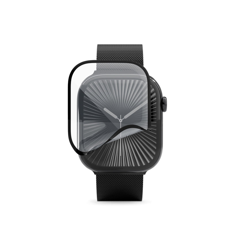 Desenli kadranı ve siyah örgü kayışı olan siyah bir akıllı saat; Epico Panzerglas für Apple Watch 49 mm – kurulum kiti ile birlikte, ekran üzerine kısmen takılmış halde gösterilmiştir.