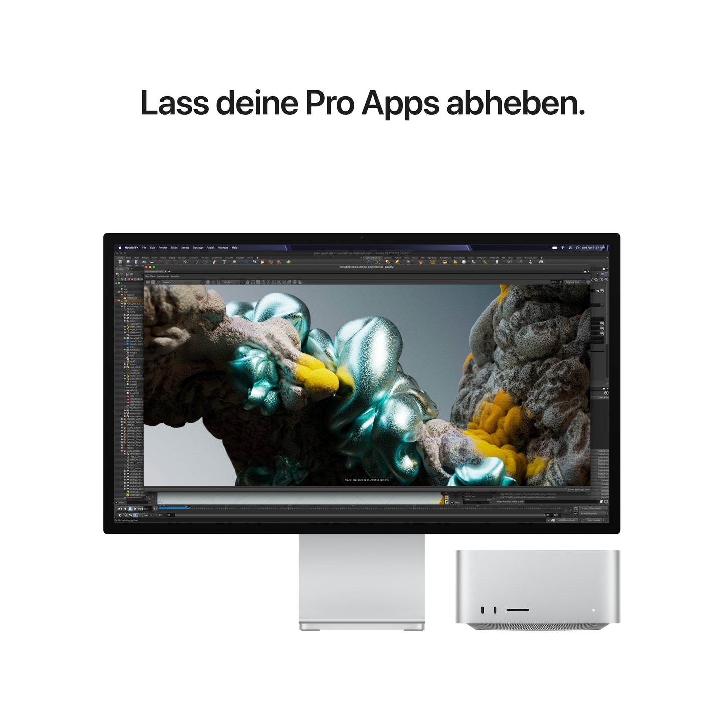 Ein Apple Mac Studio, ausgestattet mit einem Apple M5 Max Chip (18-Kern-CPU, 32-Kern-GPU), 36 GB RAM und einer 512 GB SSD, ist mit einem Computermonitor kombiniert, auf dem digitale 3D-Kunst mit reflektierenden und gelben Elementen zu sehen ist. Die Konfiguration umfasst ein silbernes Desktop-Gerät, über dem der folgende Text erscheint: „Lass deine Pro Apps abheben.“.