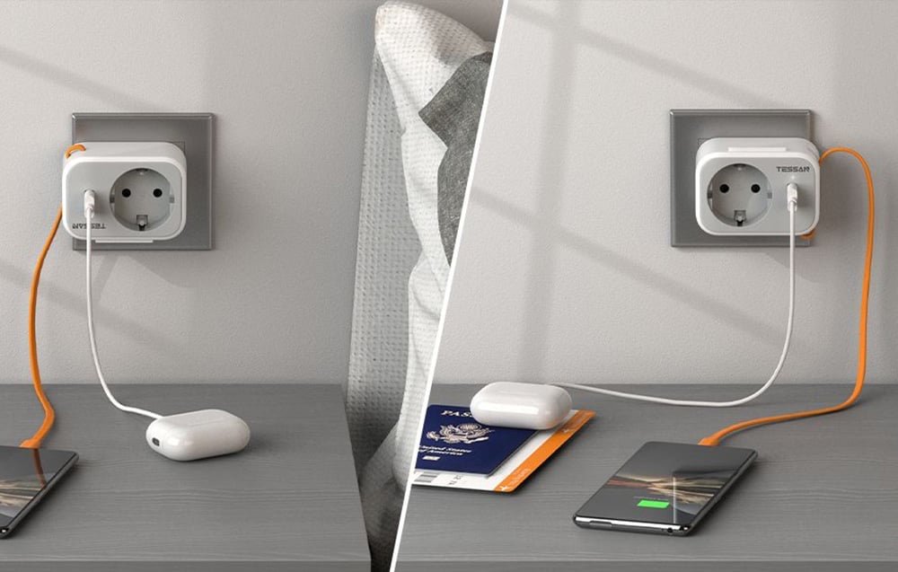 Tessan Reisestecker mit USB-C Kabel und USB-A Anschluss 