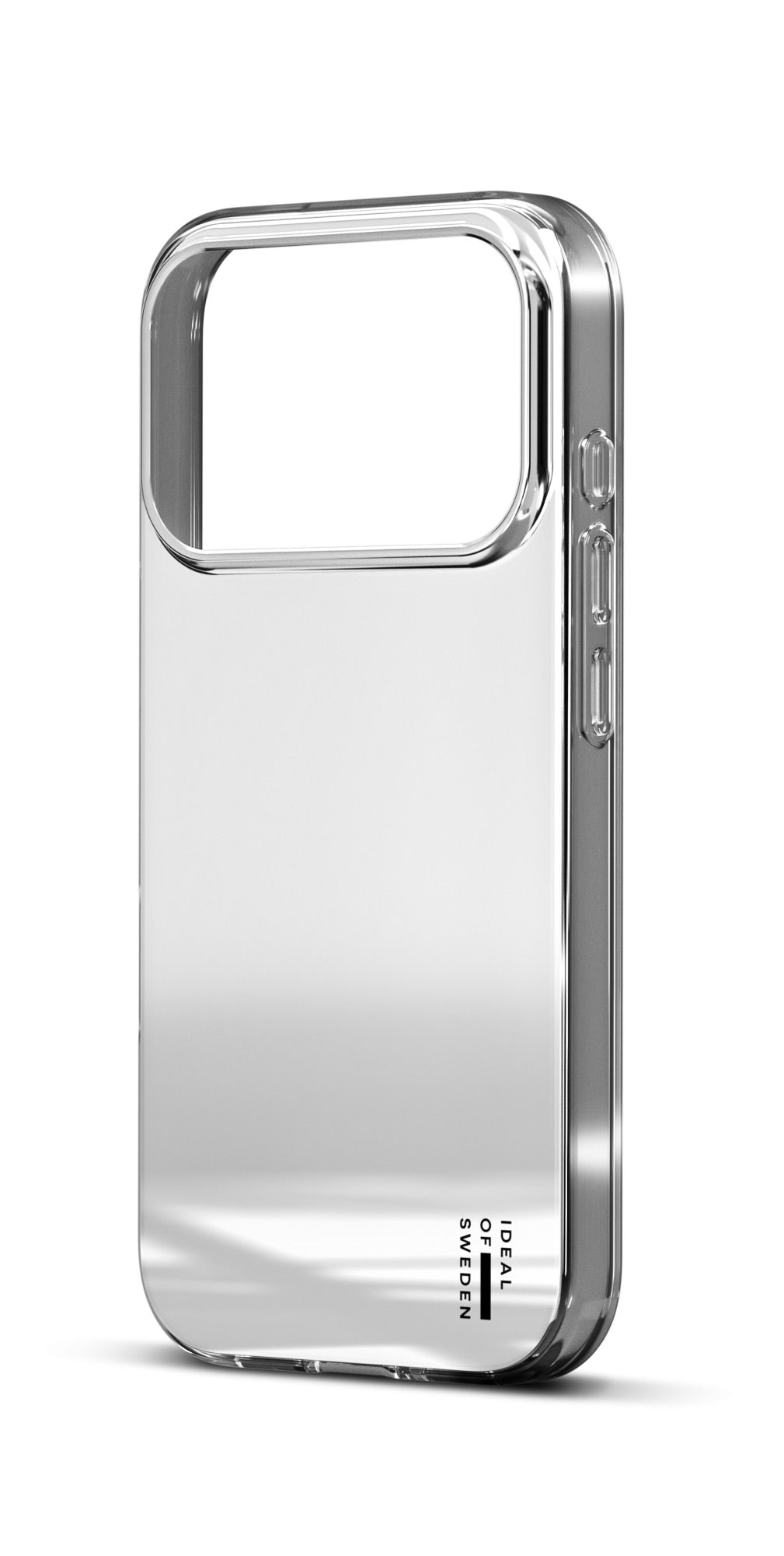 Eine transparente, reflektierende Smartphone-Hülle mit metallischen Kanten und drei Seitentasten, die in der rechten unteren Ecke den Schriftzug „IDEAL OF SWEDEN“ trägt. Die Ideal of Sweden Hülle mit MagSafe für das iPhone 17 Pro/18 Pro – Mirror passt perfekt zu Ihrem iPhone 17 Pro oder 18 Pro und verbindet eleganten Stil mit zuverlässigem Schutz im Alltag.
