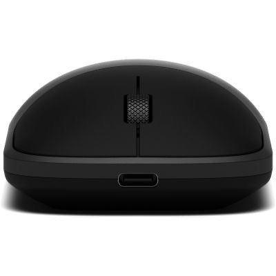Vorderansicht der „Satechi Slim EX Wireless Mouse Space Black“ von Satechi, einer ergonomischen Maus in elegantem Schwarz, mit dem Scrollrad und einem USB-C-Ladeanschluss darunter.
