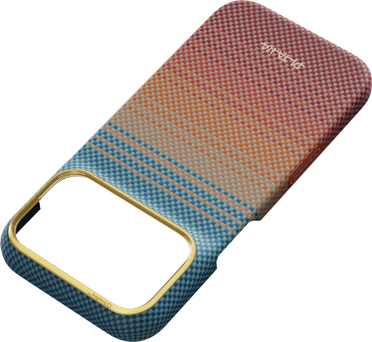 A vibrant PITAKA Aramid Edge Case für iPhone 17 Pro/18 Pro, Sunset 2.0, featuring a woven texture in striking red, orange, brown, and blue tones. The slim design is accentuated by a gold-outlined large camera cutout, while the PITAKA logo appears near the top right corner for a sophisticated finish.