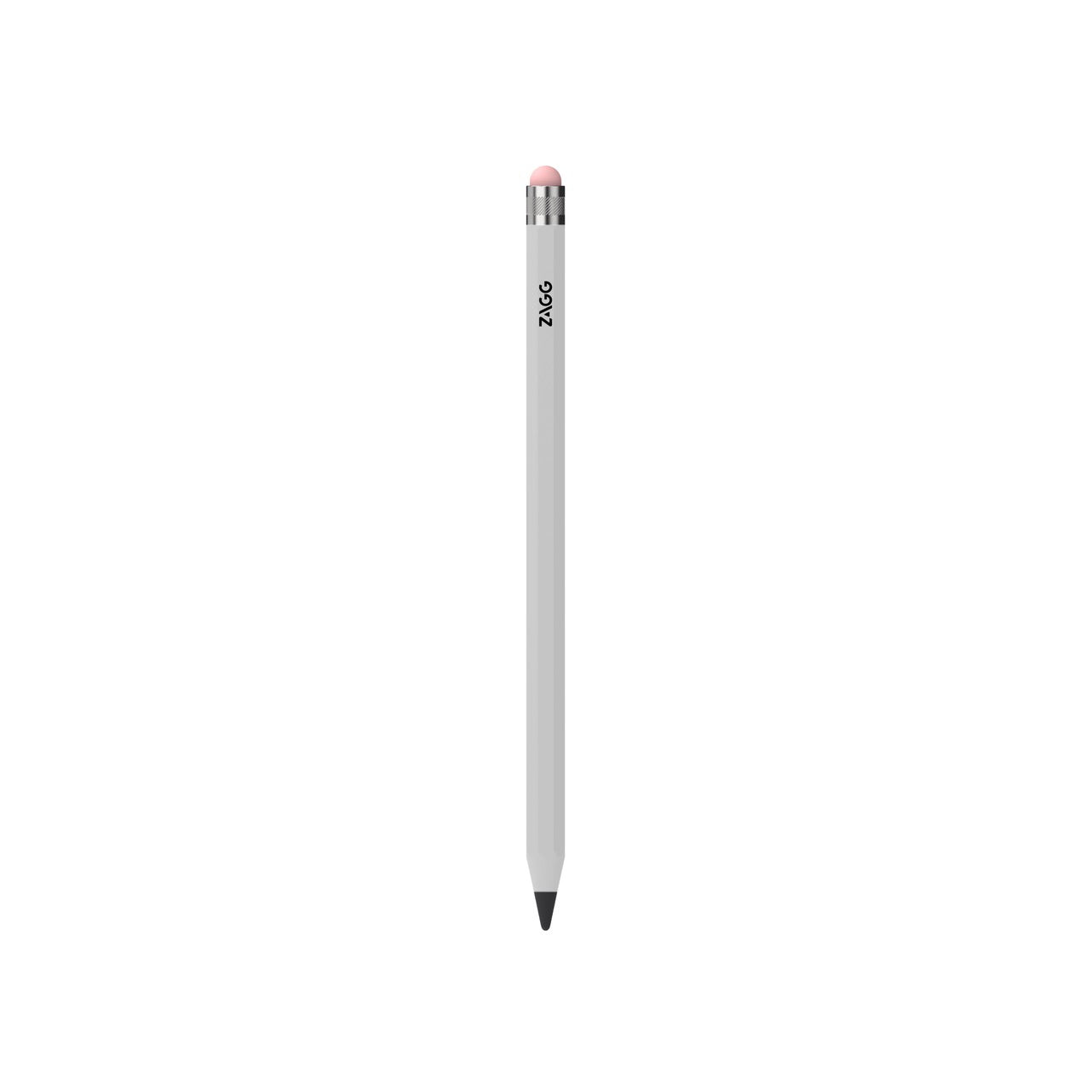 Ein einzelner ZAGG Oxford Stylus für das iPad – Weiß, der sich durch ein elegantes weißes Design mit einem rosa Radiergummi und einer silbernen Zwinge auszeichnet, steht aufrecht auf einem schlichten weißen Hintergrund. Der Markenname „ZAGG“ ist vertikal in der Nähe des Radiergummis aufgedruckt.