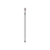 Ein einzelner ZAGG Oxford Stylus für das iPad – Weiß, der sich durch ein elegantes weißes Design mit einem rosa Radiergummi und einer silbernen Zwinge auszeichnet, steht aufrecht auf einem schlichten weißen Hintergrund. Der Markenname „ZAGG“ ist vertikal in der Nähe des Radiergummis aufgedruckt.
