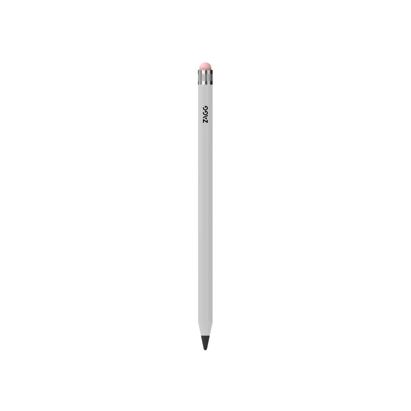 Ein einzelner ZAGG Oxford Stylus für das iPad – Weiß, der sich durch ein elegantes weißes Design mit einem rosa Radiergummi und einer silbernen Zwinge auszeichnet, steht aufrecht auf einem schlichten weißen Hintergrund. Der Markenname „ZAGG“ ist vertikal in der Nähe des Radiergummis aufgedruckt.