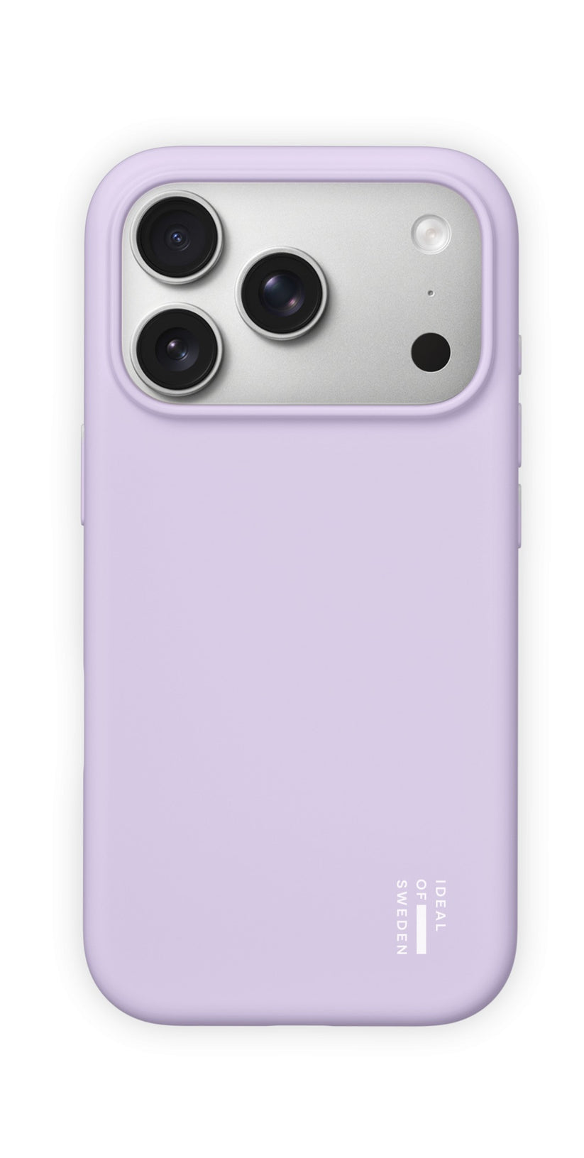 Gümüş renkli bir modül içinde üçlü kamera sistemine sahip bir akıllı telefon, Ideal of Sweden Silikonhülle mit MagSafe iPhone 17 Pro/18 Pro - Lavender Milk kılıfıyla korunuyor. Açık mor renkli kılıfın sağ alt köşesinde beyaz renkli Ideal of Sweden logosu yer alıyor ve İskandinav tasarımının bir örneğini sergiliyor.