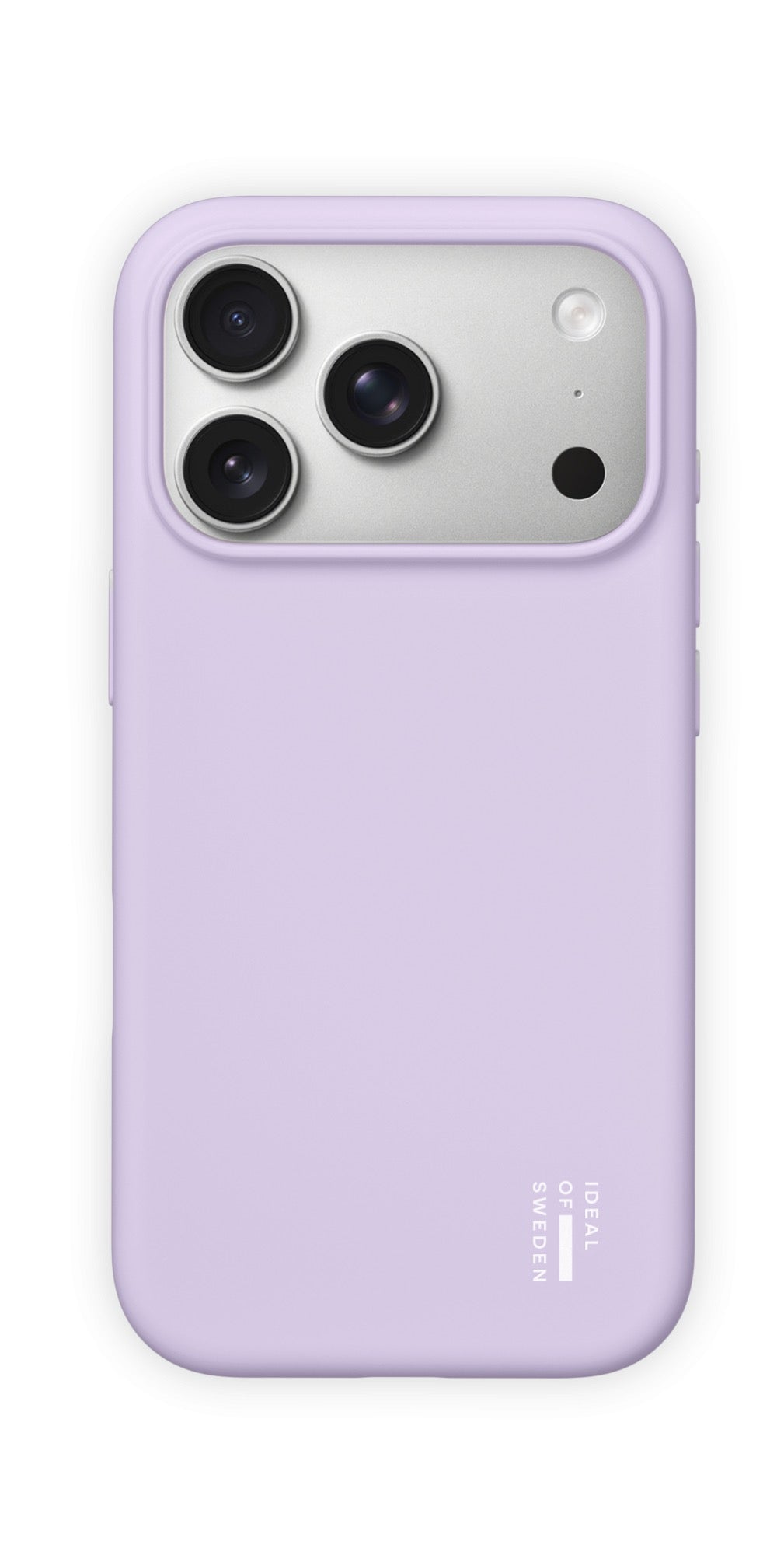 Ein iPhone 17 Pro Max, elegant geschützt durch die Silikonhülle mit MagSafe von Ideal of Sweden in der Farbe „Lavender Milk“, die Platz für drei Kameralinsen und einen Blitz bietet. Diese hellviolette Hülle verkörpert das charakteristische skandinavische Design von Ideal of Sweden und verfügt über ein dezentes weißes Logo in der unteren rechten Ecke – sie vereint Stil und zuverlässigen Schutz.