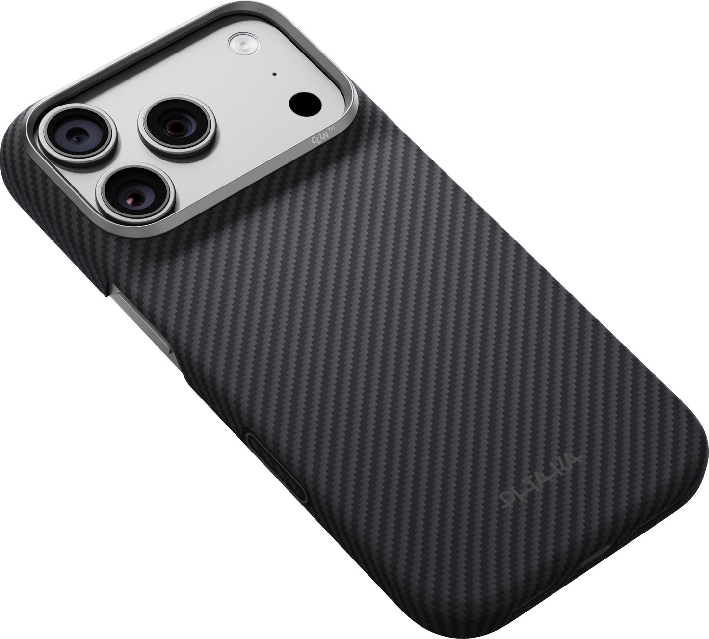A black iPhone 17 Pro/18 Pro equipped with a triple-lens camera, showcased from the back at an angle, features the ultrathin PITAKA Aramid Edge Case für iPhone 17 Pro/18 Pro in Schwarz—a carbon fiber-patterned, textured protective case by PITAKA designed for a sleek, modern appearance.