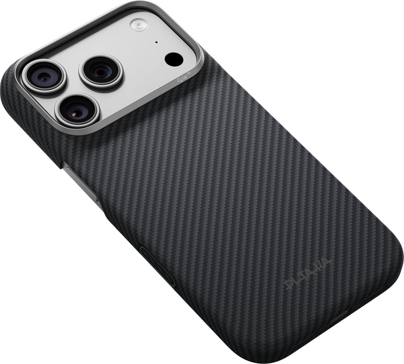A black iPhone 17 Pro/18 Pro equipped with a triple-lens camera, showcased from the back at an angle, features the ultrathin PITAKA Aramid Edge Case für iPhone 17 Pro/18 Pro in Schwarz—a carbon fiber-patterned, textured protective case by PITAKA designed for a sleek, modern appearance.